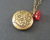 Brass Locket and Burgundy Czech Glass Flower Necklace