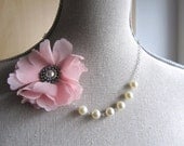 Pink Flower Rose and Pearl Necklace - Wedding Bride - Bridal Jewelry- Bridesmaid