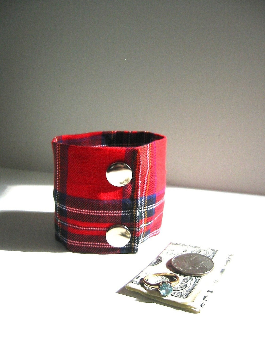 Secret Stash Money Cuff - Red Plaid...hide your cash, house key, jewels in a hidden inside zipper
