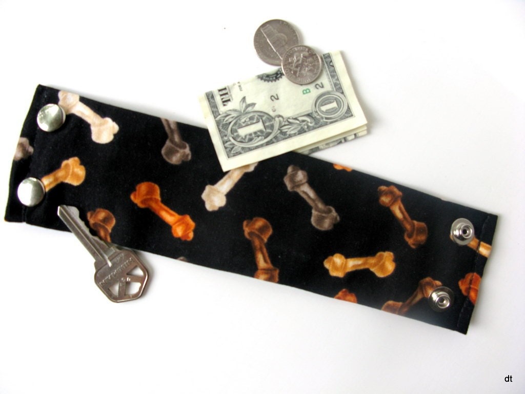 Wristband  Money Cuff-" Secret Stash" Dog Bones- hide your cash, jewels, key, health info  in an inside zipper