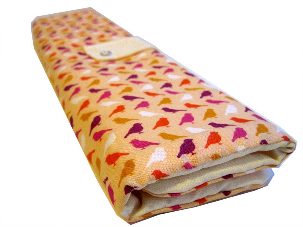 straight knitting needle organizer - pink birds on peach