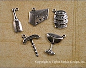 Antique Sterling Silver Plated Wine and Cheese Charms (item 8421 AS) - set of 35 pieces