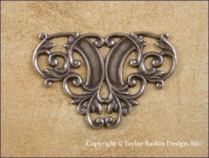Antiqued Sterling Silver Plated Victorian Filigree Barrette, Pin or Pendant Component (item 1627 AS) - 12 Pieces