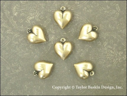 Puffed Heart Charm in Antique Polished Brass (item 2604 AG) - 6 Pieces