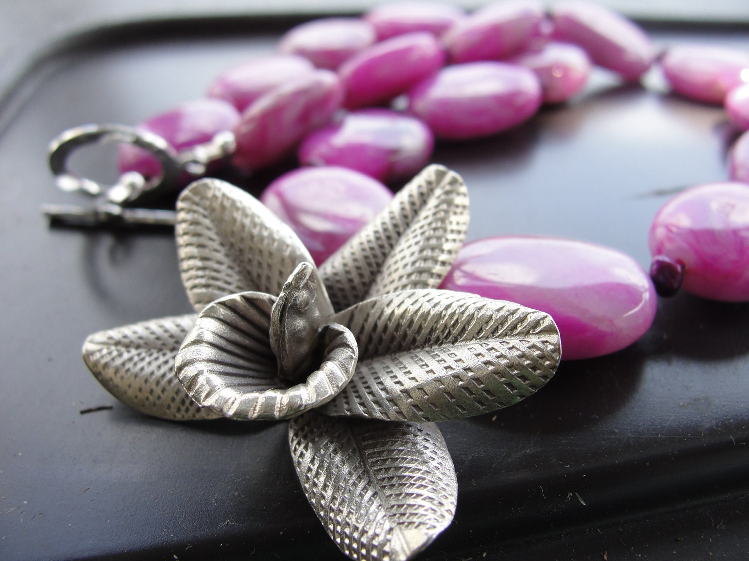Thai Silver Orchid Pendant and Pink Agate Necklace REDUCED