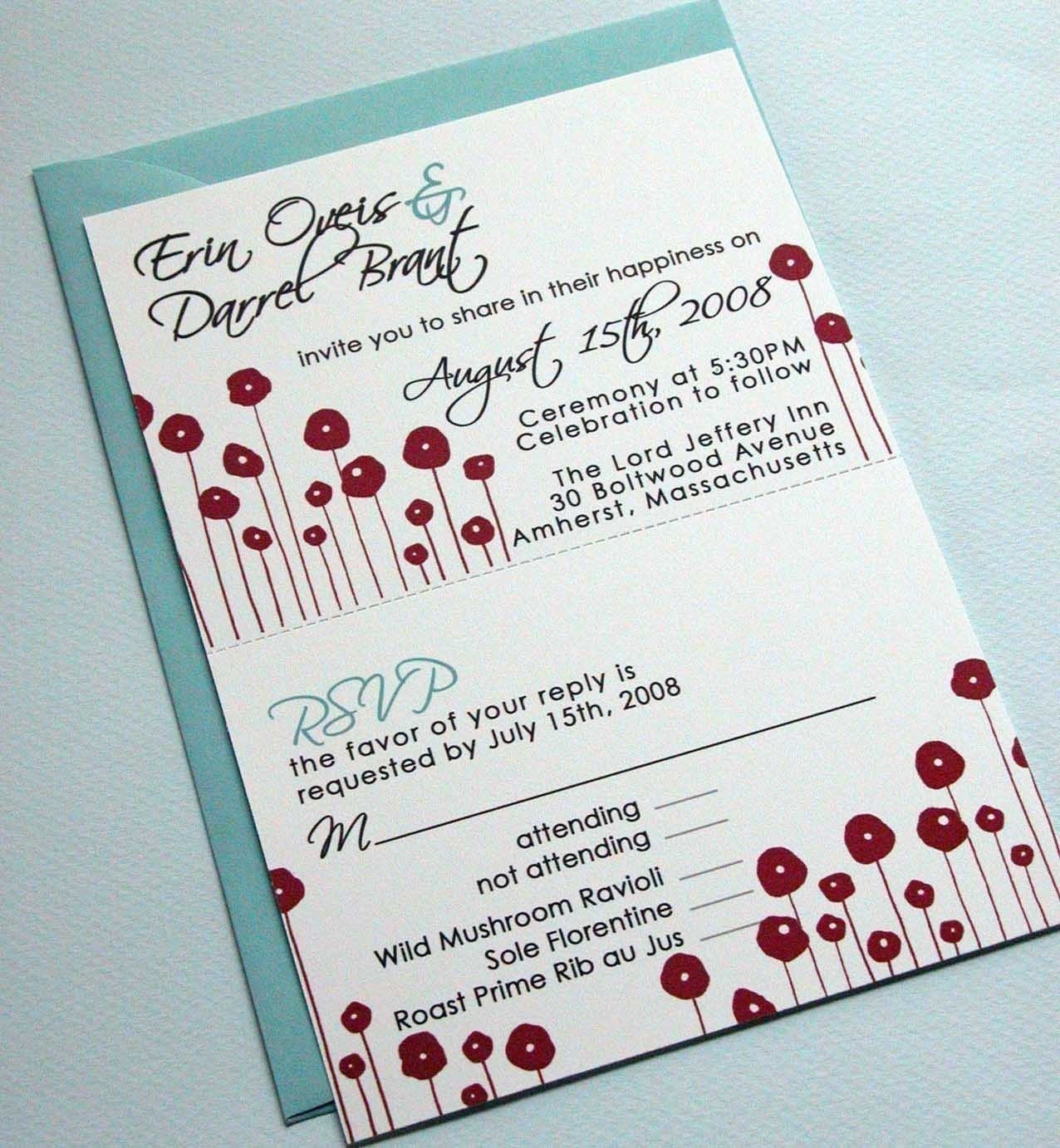 SAMPLE-Wedding Invitations-Invitation and RSVP in one in red and aqua with red poppies motif