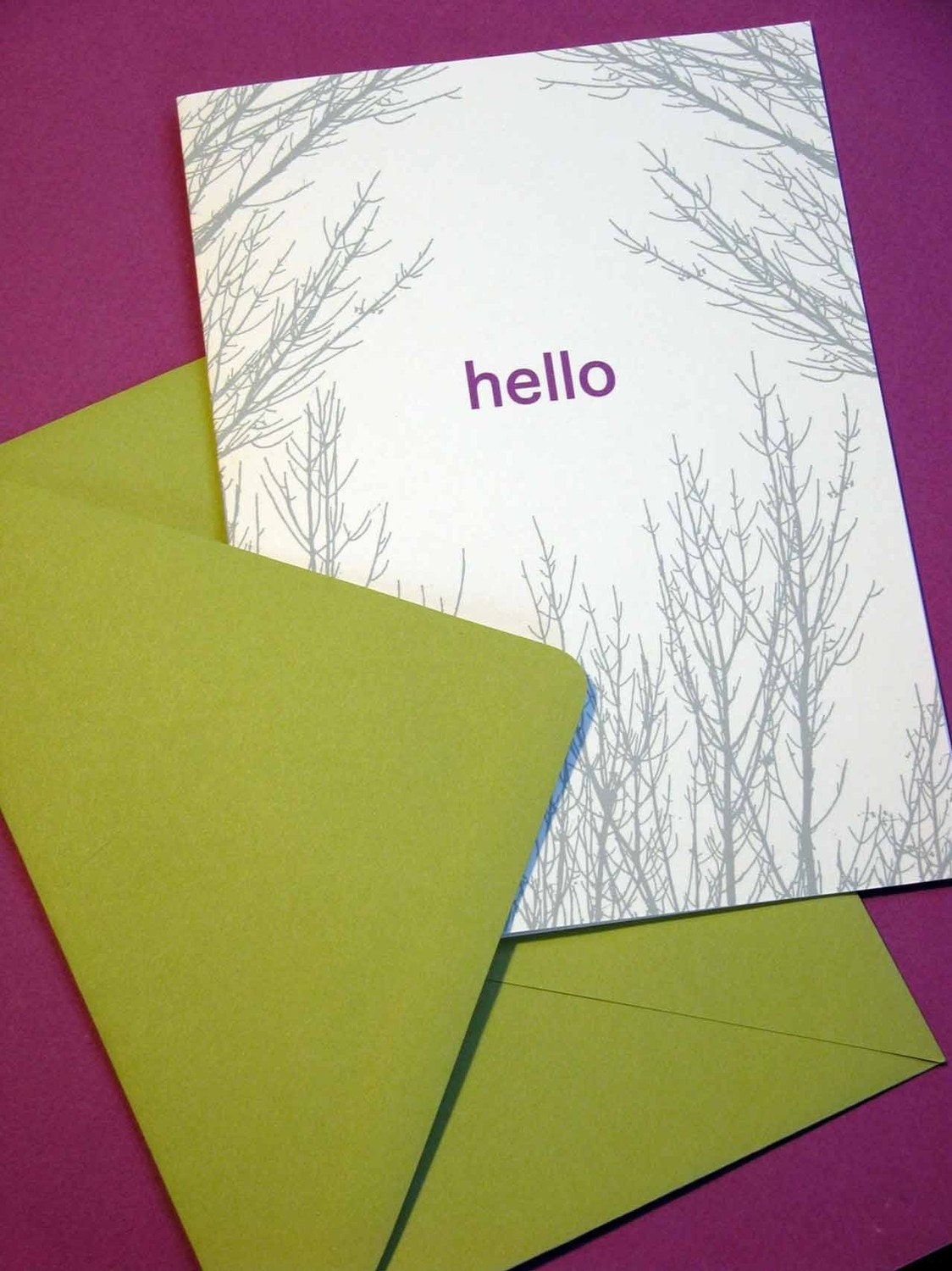 Hello-gray branches with fuschia text