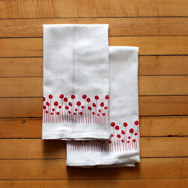 Set of Two Screen-printed Dish Towels with Red Poppies