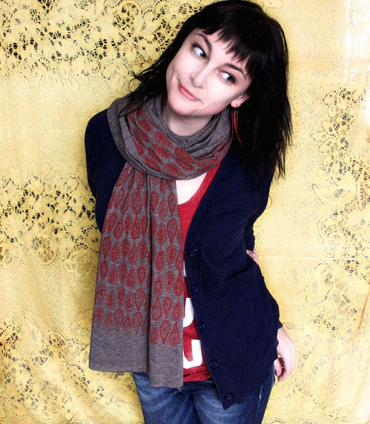 Screen Printed Jersey Scarf in Tri-Coffee with Red Line Drops Print