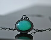 Peruvian Blue Opal Necklace - Oval Cabochon - Bezel Set - Sterling Silver - Oxidized - Artisan Jewelry
