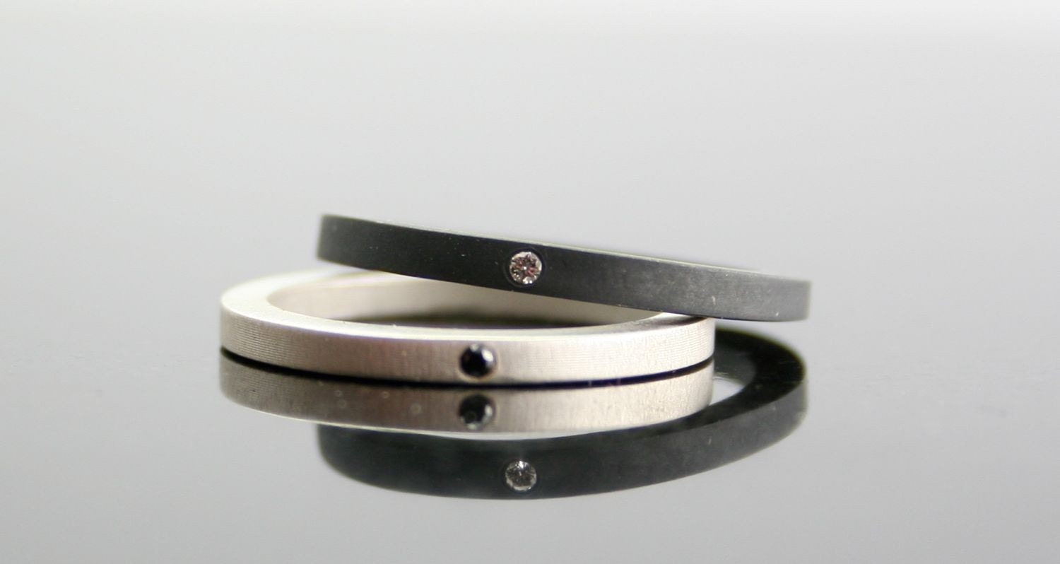 Black & White Diamond Ring Set - Stacking Rings - Flush Set Diamonds