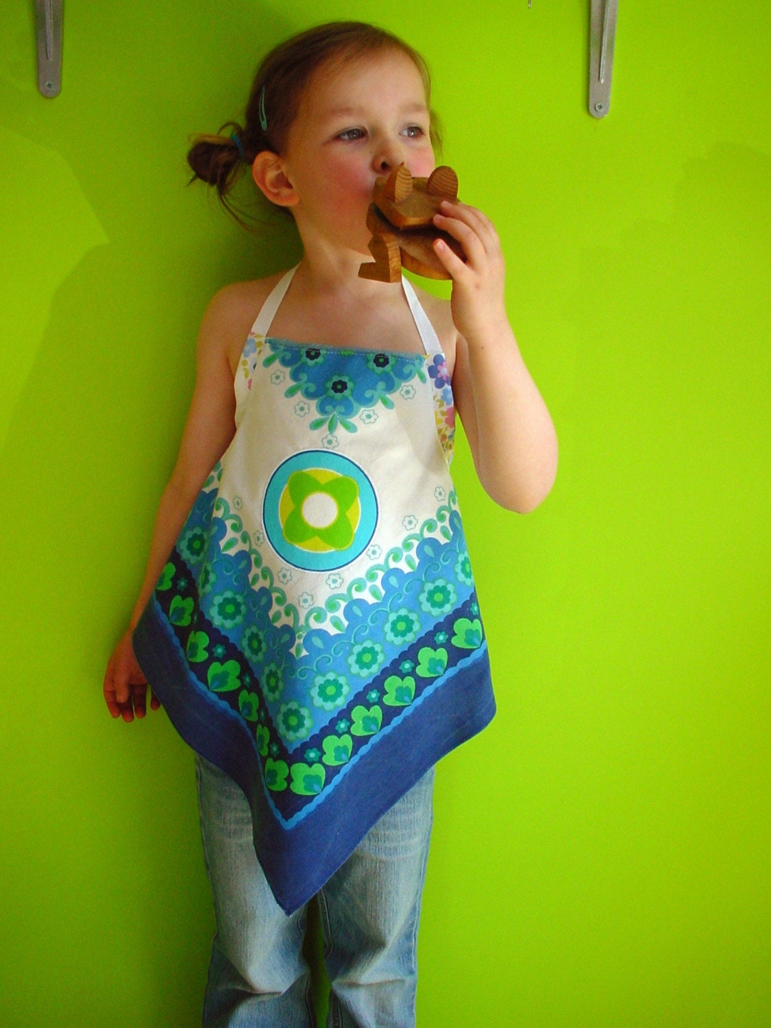 REDUCED kinchi Blue and green tablecloth apron top size 2,5 - 5/6, adjustable