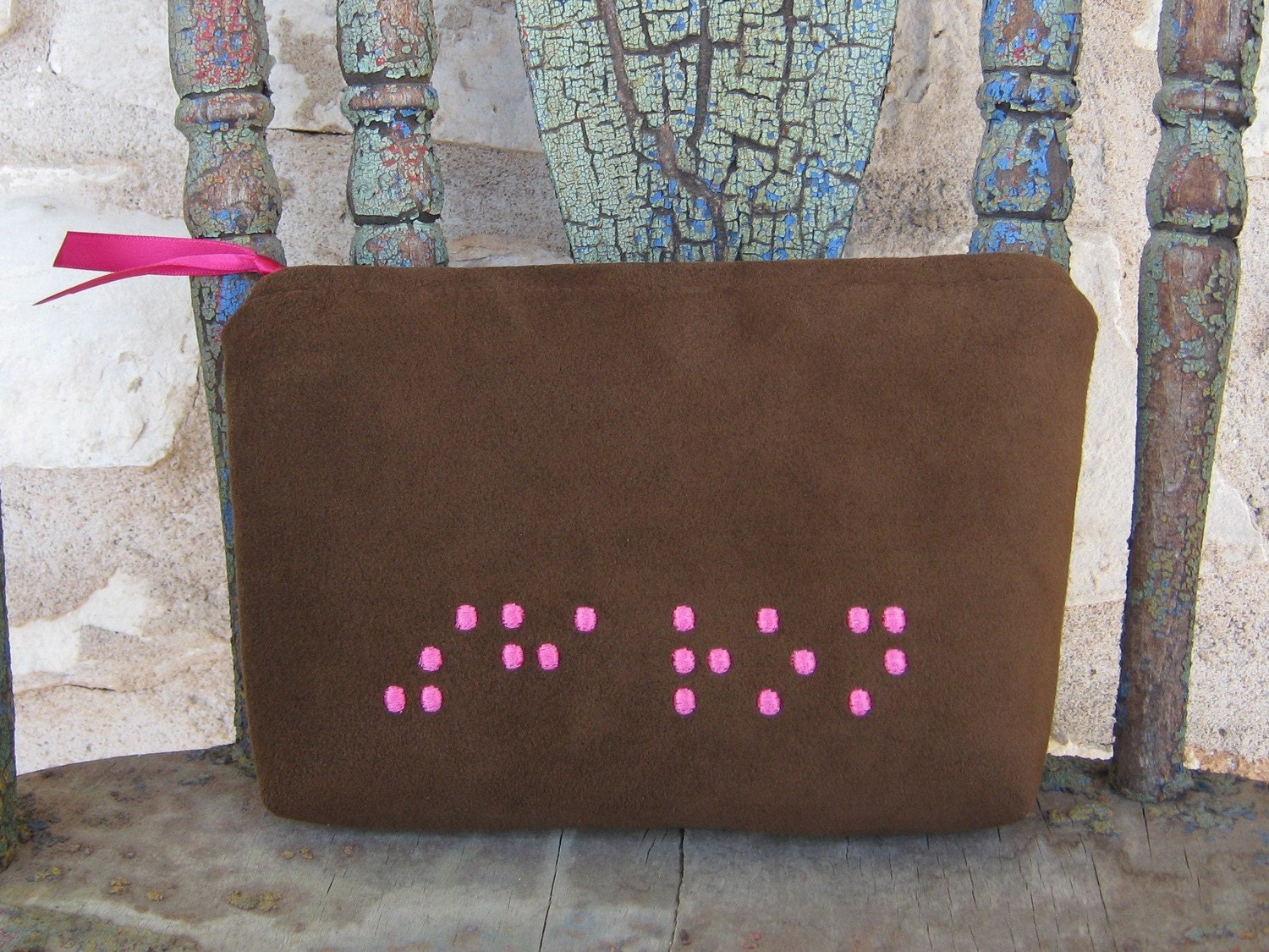 Cosmetic Makeup Zipper Bag Braille Ultra Suede Custom