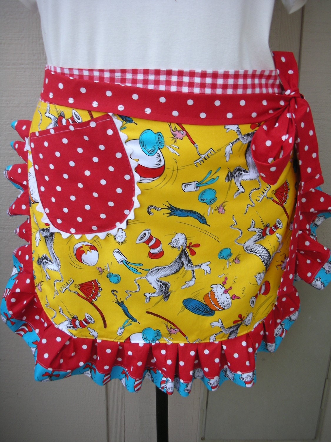Aprons - Womens Half Apron - The Cat in the Hat Apron - Dr. Seuss - 1957 - Robert Kaufman Fabric