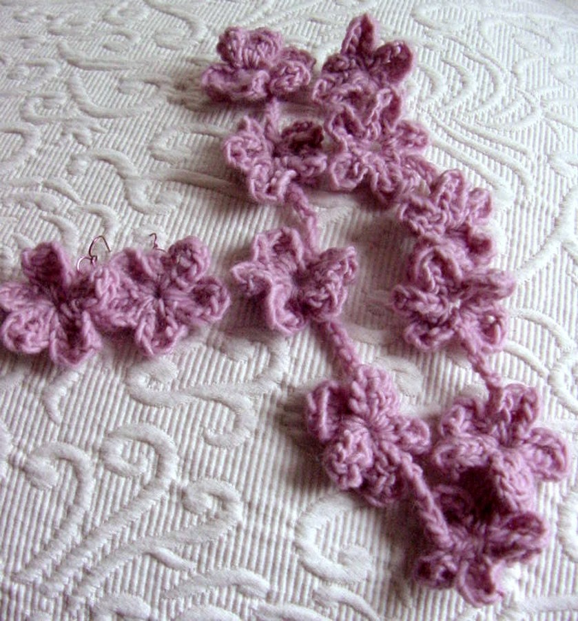 Pink Wool Petal Necklace and Earrings