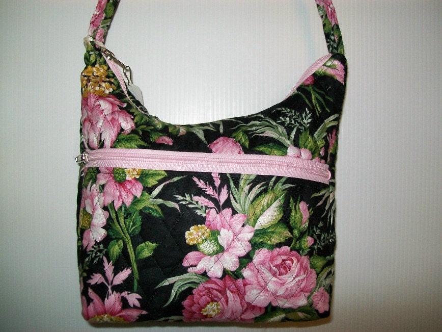 Quilted Fabric Handbag Hobo Slouch Purse Black with Beautiful Pink ...