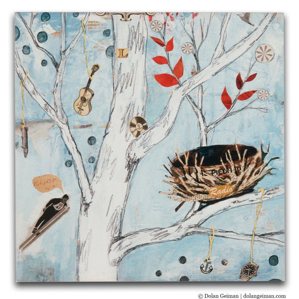 Pale Blue Nature Bird Painting, Tree and Nest Small Art Print on Wood, Peppertree Park DG MINI Nest