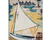 Nautical Wall Decor, Small Boat Art Print on Wood, DG MINI Sailboat West, Drawing & Illustration, Coastal Beach House