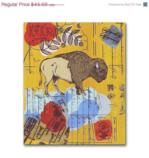 American Buffalo Art, Panel Painting, Original Screenprint on Wood