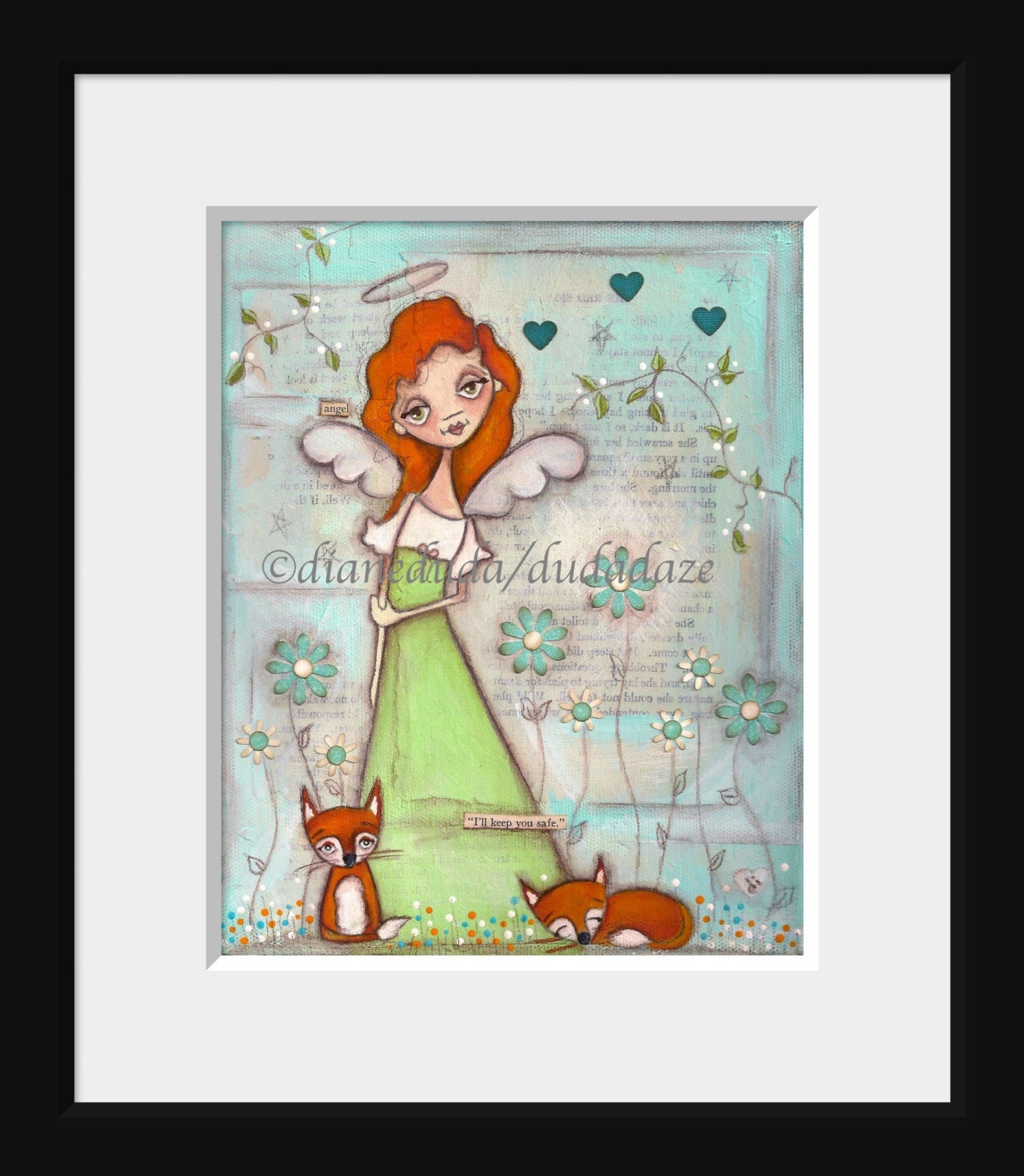Print of my original mixed media painting - I'll Keep You Safe - angel and foxes