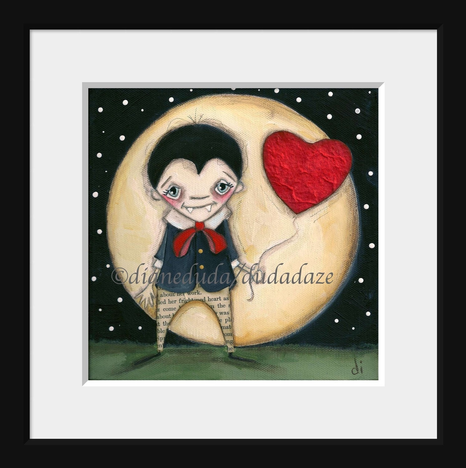 Print of my Folk Art Childrens Halloween Vampire painting  - Forever Love