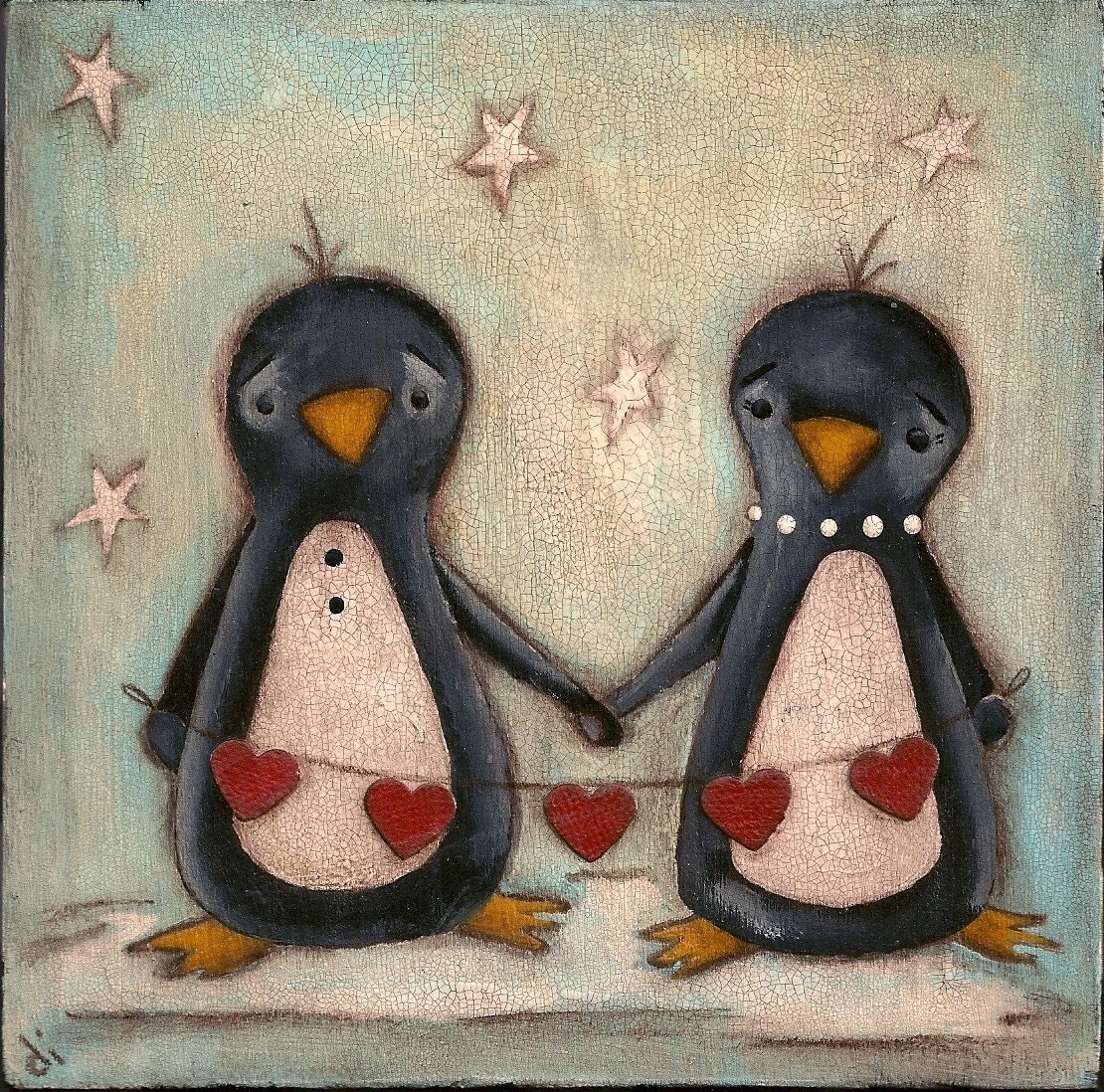 Print of my original folk art painting -  Chain of Love - Valentine, heart
