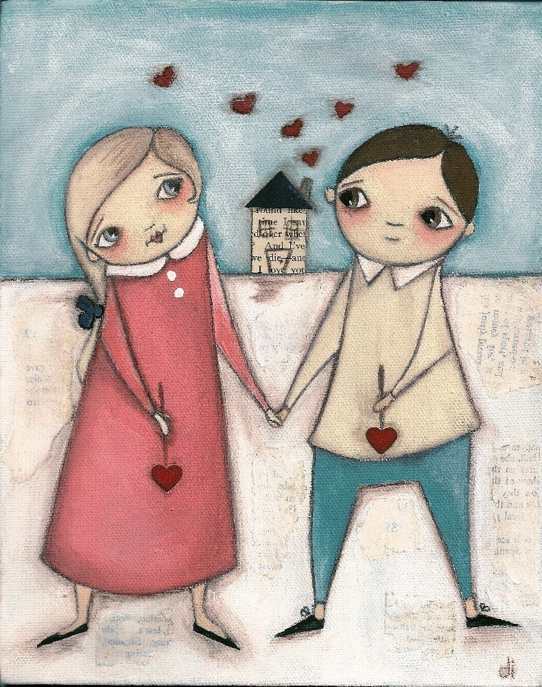 Print  of my original mixed media painting -  Us    Happy Couple