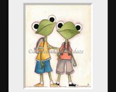 Print of my original folk art painting -  School Boy Frogs