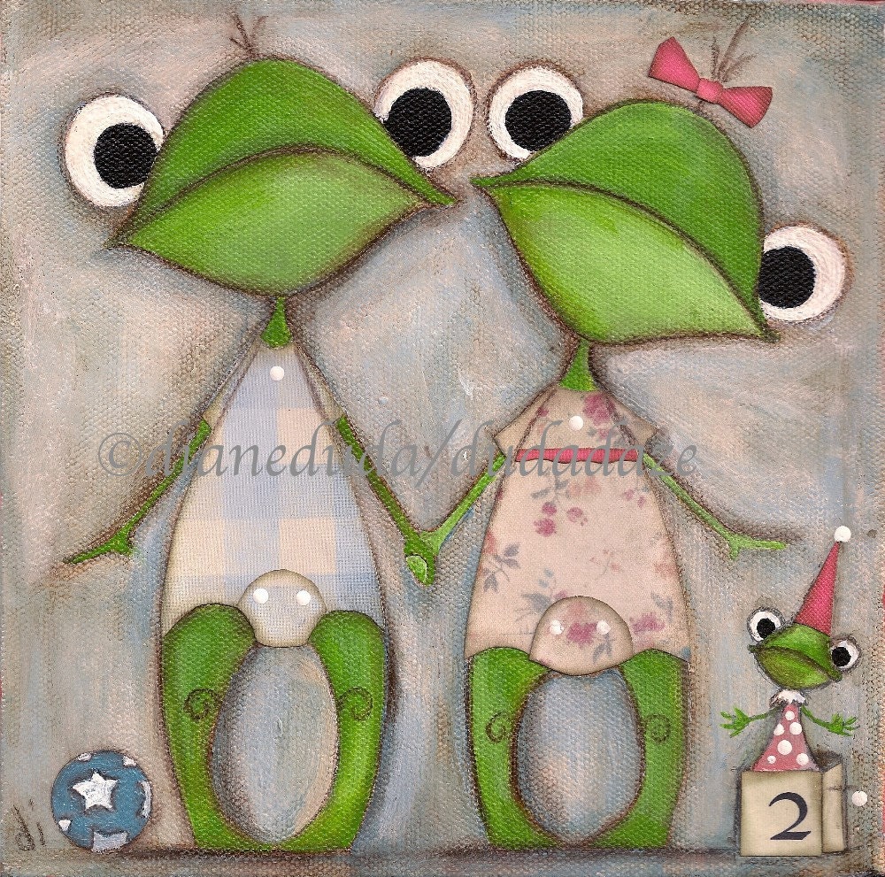 Original Folk Art Childrens Painting- Frog Twins - Better than One