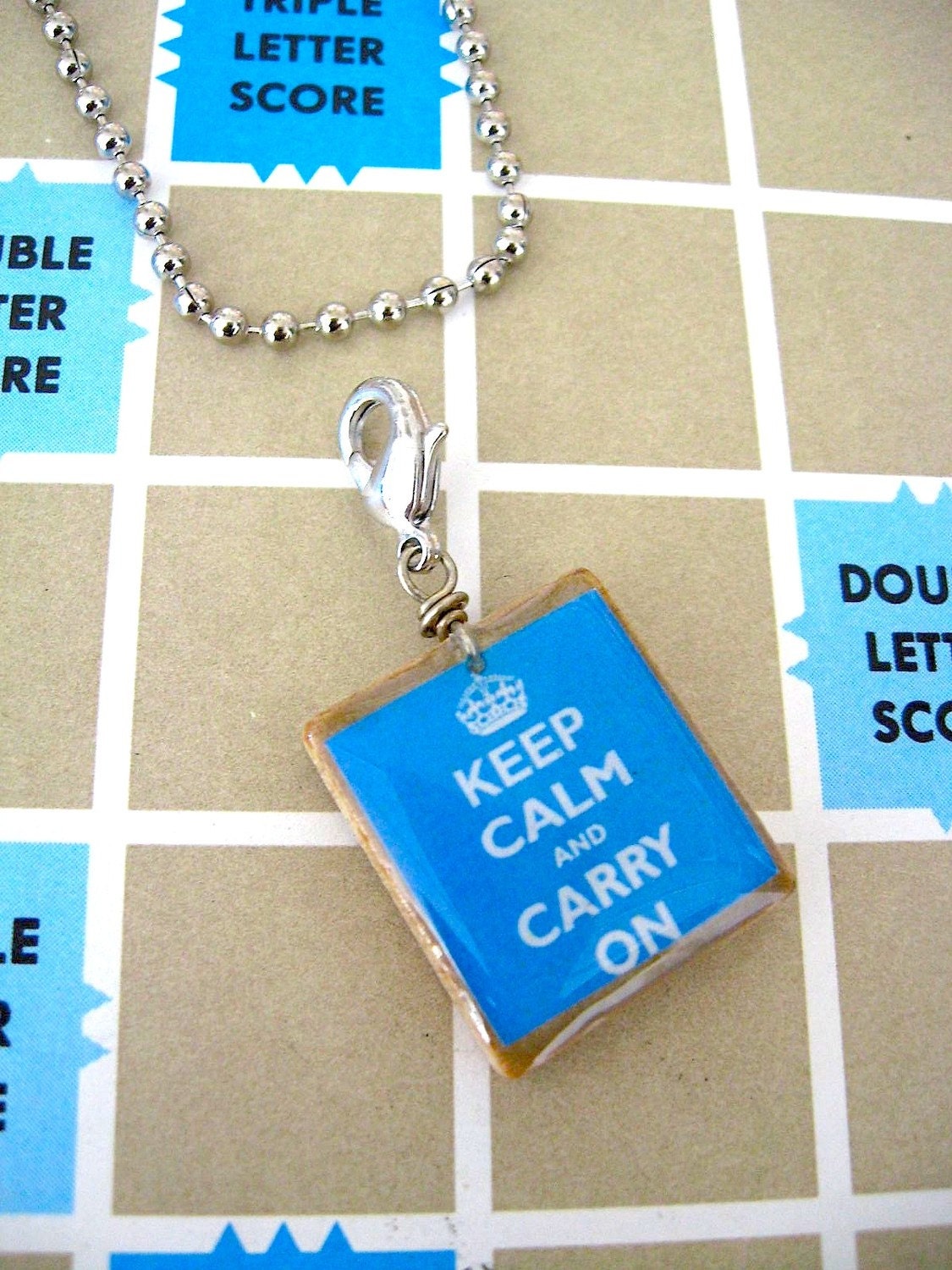 Keep Calm and Carry On Necklace - Vintage Scrabble Charm - Vintage Poster - Blue - Zipper Pull Necklace - 24 inch ball chain included