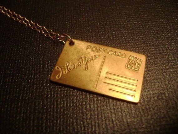 Vintage Style I Love You Postcard Pendant Necklace - Vintage brass chain - Traveler Adventurer Gift