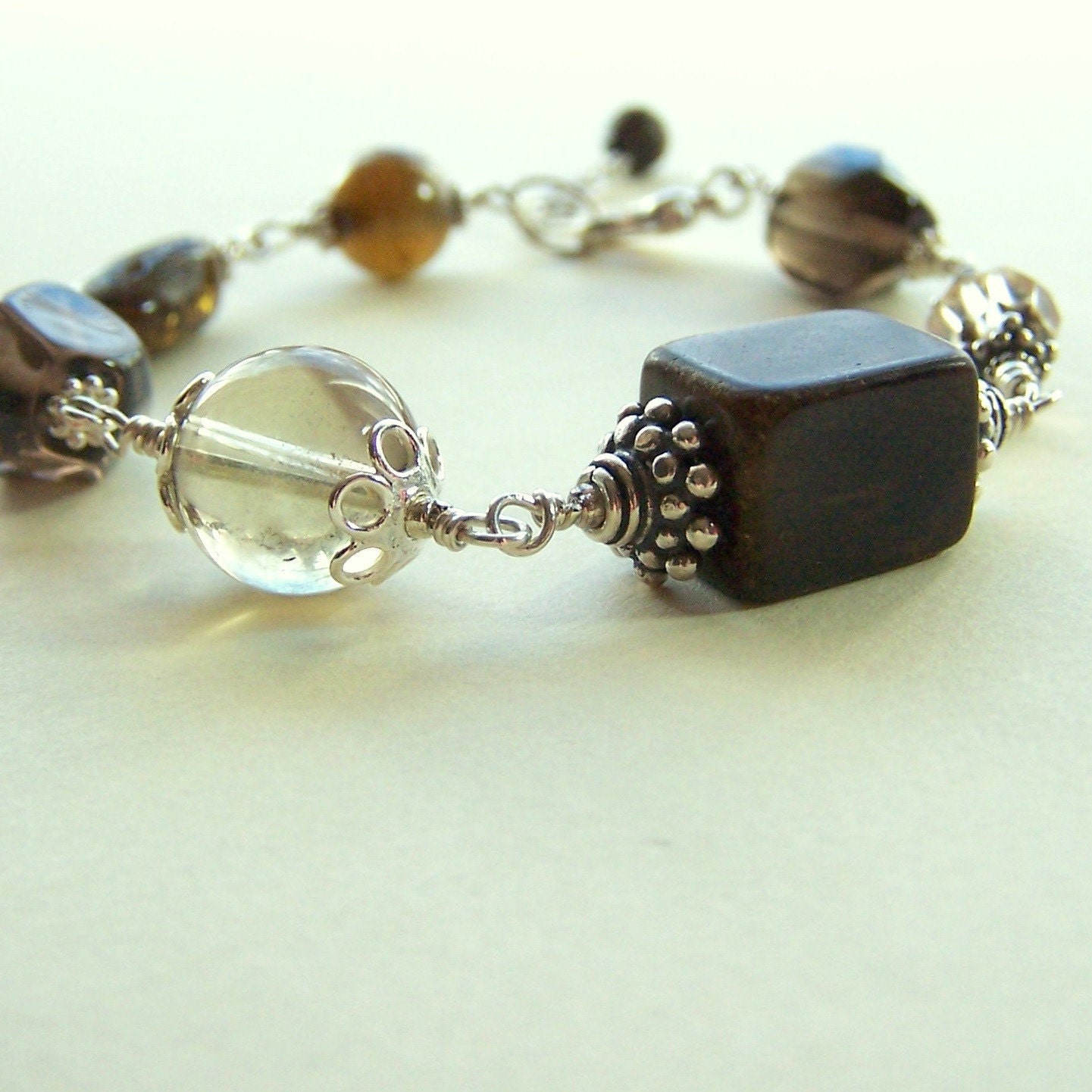 Brown Gemstone Bracelet, Smoky Quartz, Tigers Eye, Sterling Silver, Liquid Smoke