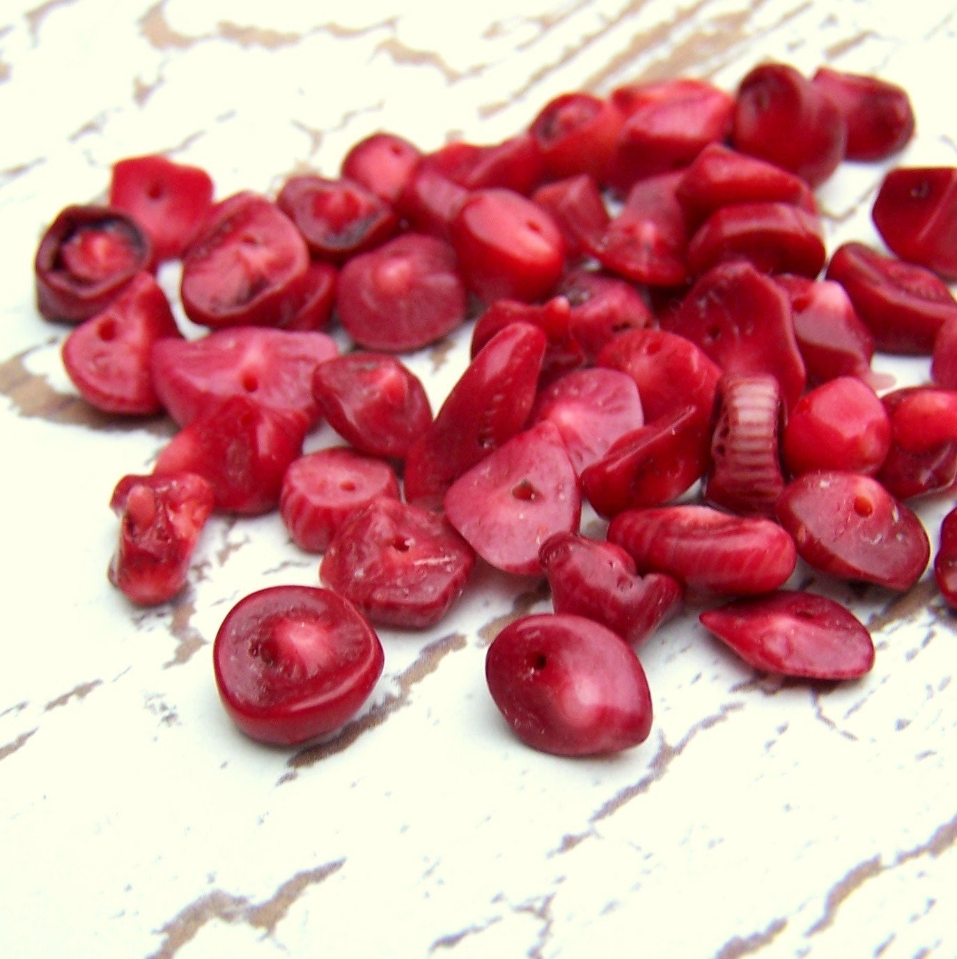 Red Gemstone Bead, Red Coral Branch, Thick Chip, Over 50 Beads
