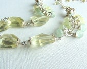 Yellow Gemstone Necklace, Lemon Quartz, Prehnite, Sterling Silver, Lemon Drops