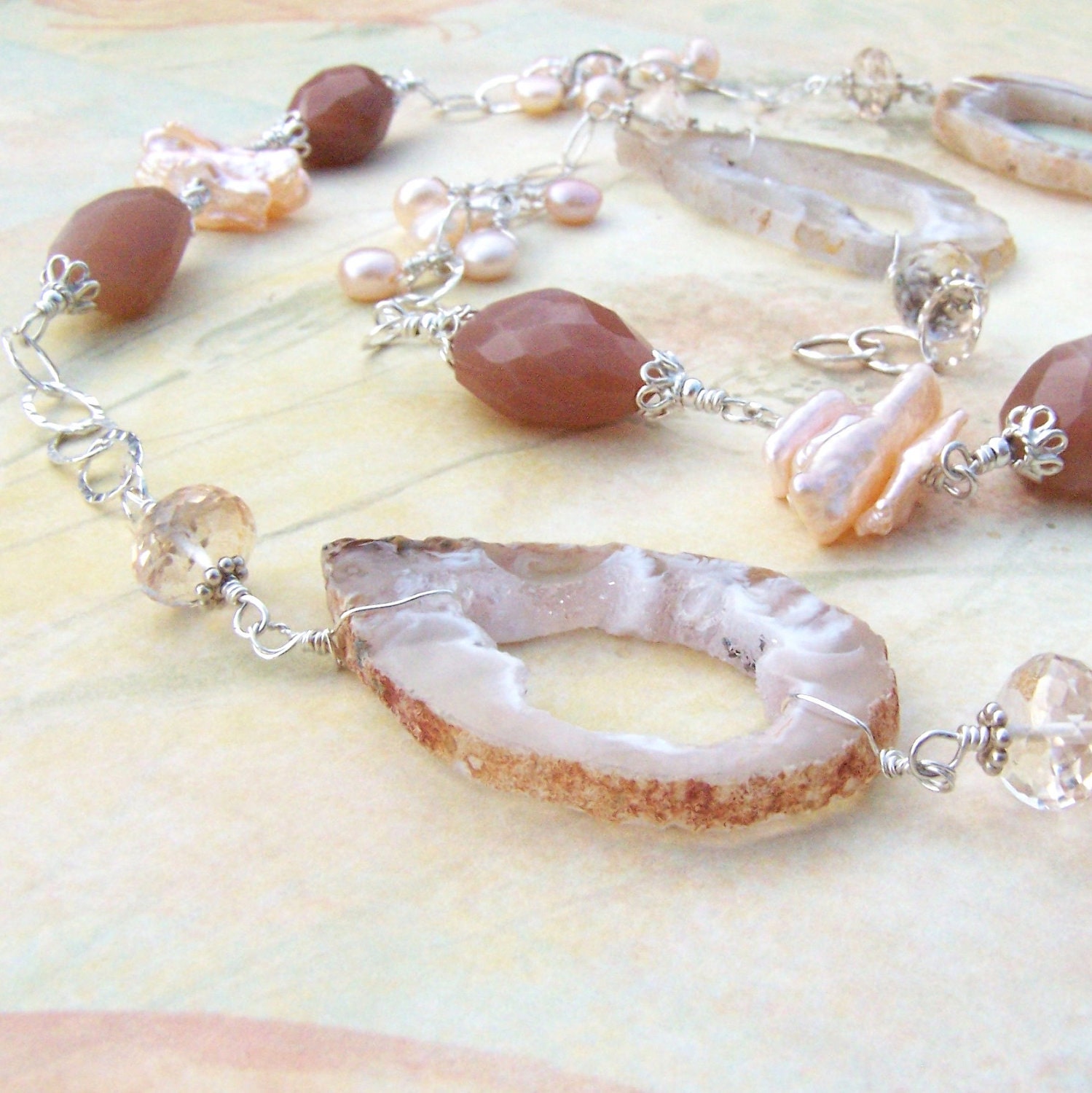 Druzy Gemstone Necklace, Sterling Silver, Drusy, Cream, Tan, Geode, Pearl