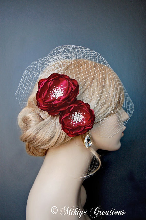Wedding Headpiece - Red Bridal Hair Flowers - Wedding Sash Accessory - Brooch 2 Piece Set - Vixen Red Blooms