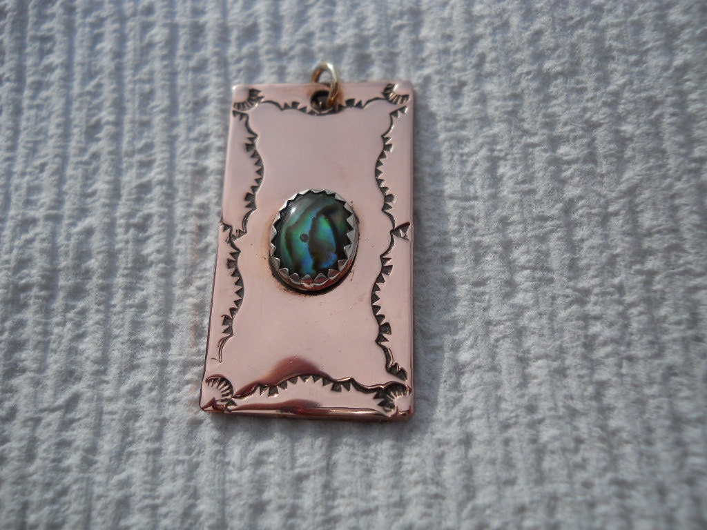 Copper and abalone paua pendant engraved Choctaw Native american Indian made