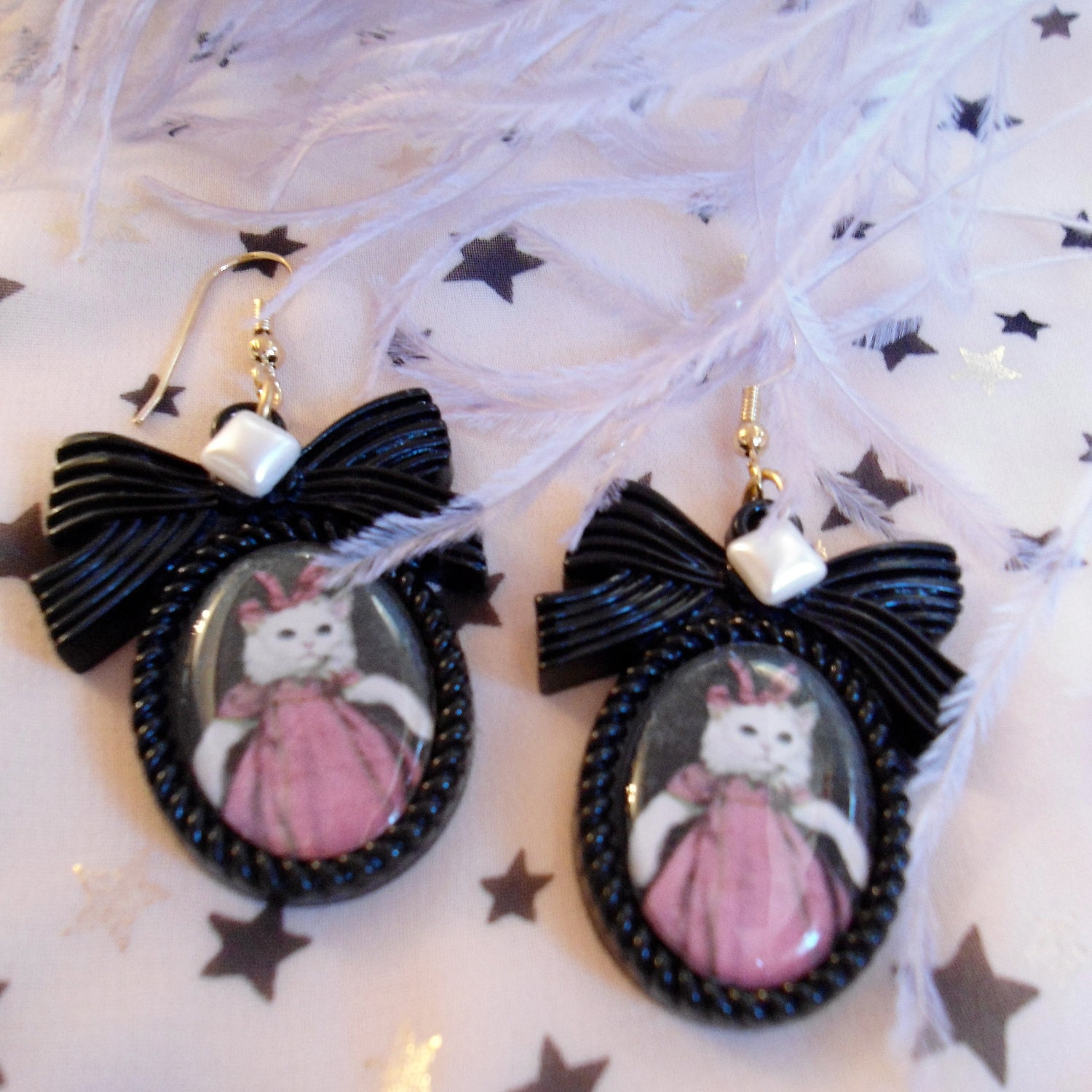 Black Pretty Kitty Cameo Earrings