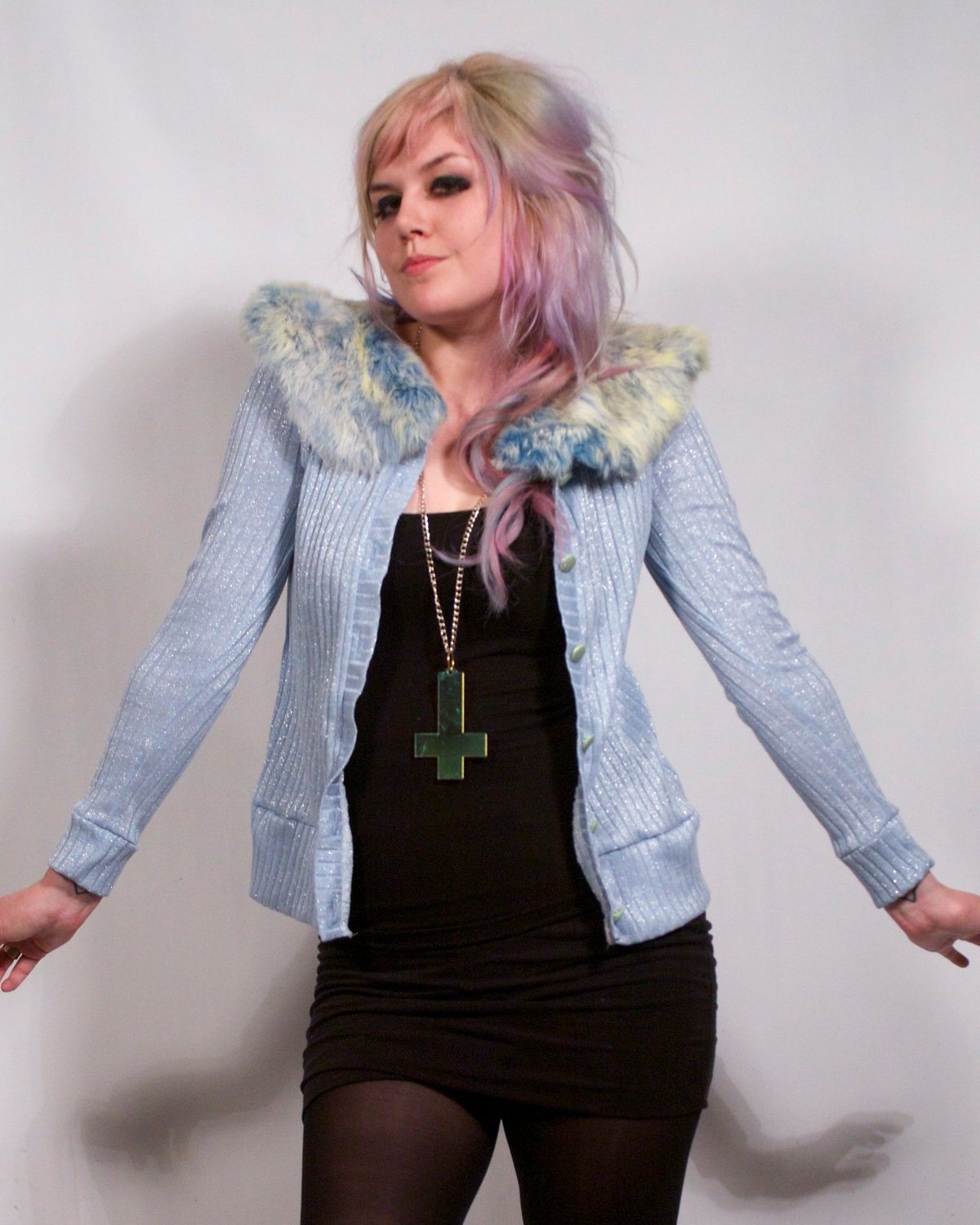 Light Blue Fur Collared Cardigan
