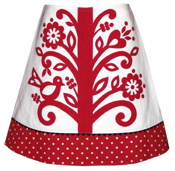 beanstalk skirt - red - folk flower vine print with polka dot hem