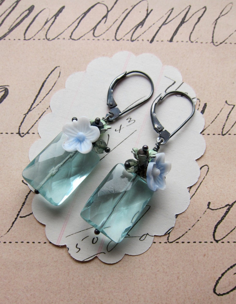 senora earrings - robin egg blue mint green enamel flower vintage glass flower pearl