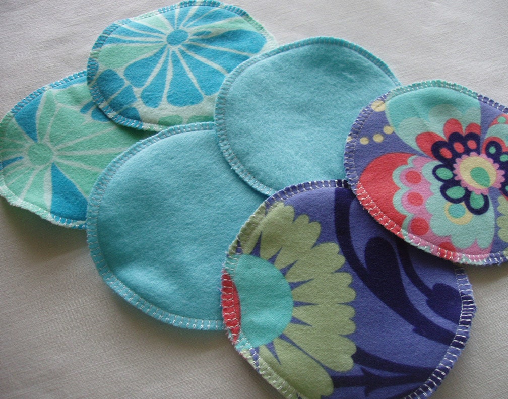 Soft Flannel Nursing Pads, 3 Pair in Shades of Aqua, Lavender, made with Cotton Flannel and Bamboo/Cotton Fleece, last set in these fabrics