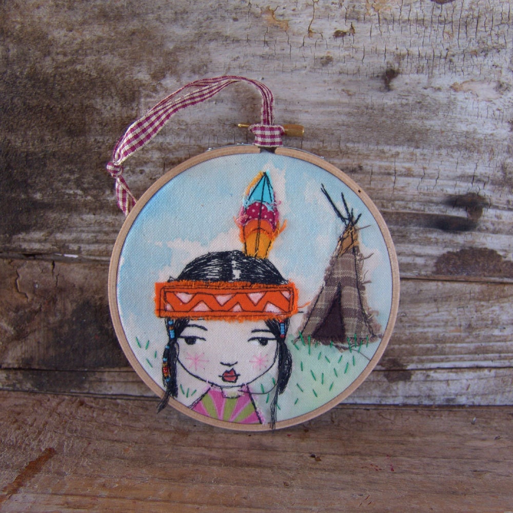 Little Indian Girl, embroidered hoop, wall art