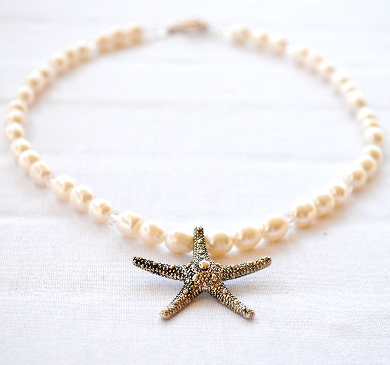 Cyber Monday Etsy Necklace. Silver Starfish. White Fresh Water Pearls. Beach Necklace. Swarovski Crystals.