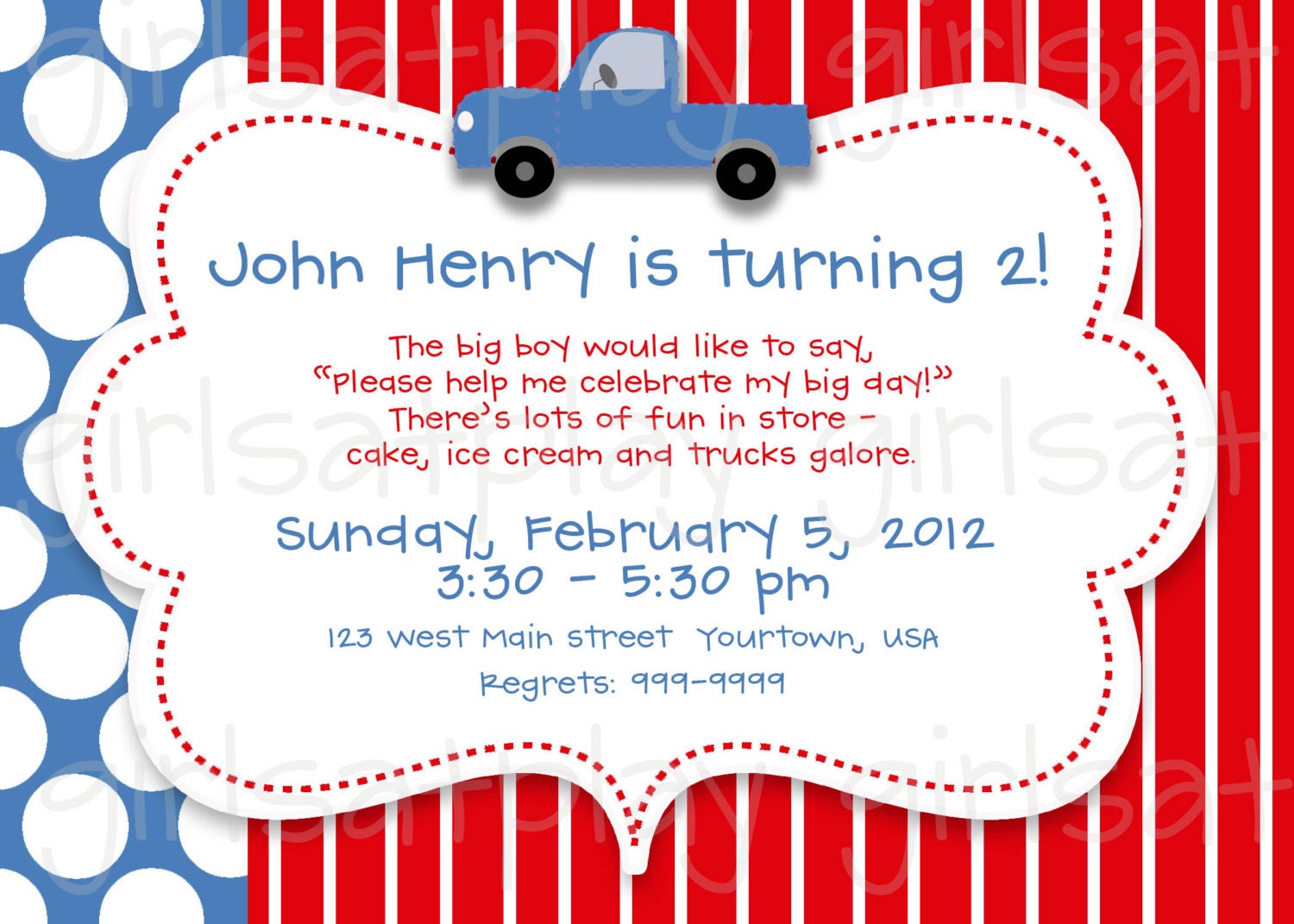 Birthday Boy Invitation Truck Blue Red Dot Party Printable Digital - by girls at play girlsatplay