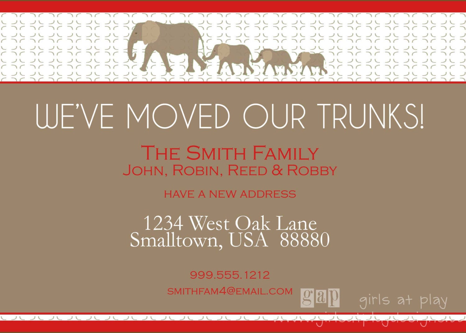 New Address Moved Announcement Elephant Red Taupe - Print By You girls at pay Il_570xn
