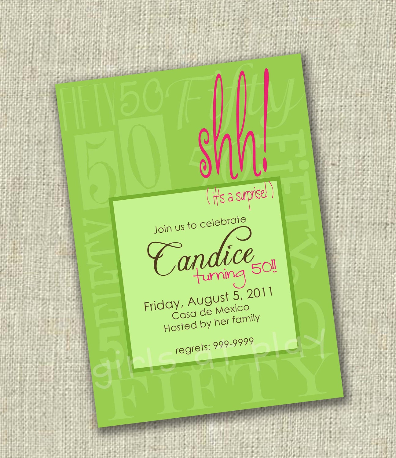 50th Birthday Invitation SURPRISE Fiftieth Girl Pink green Printable by you - girls at play Il_570xn