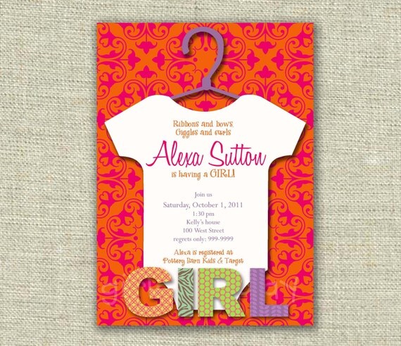 Baby Girl Shower Invitation Invite Sip and See Damask Chic Onsie- Print By You - by girls at play girlsatplay Il_570xn