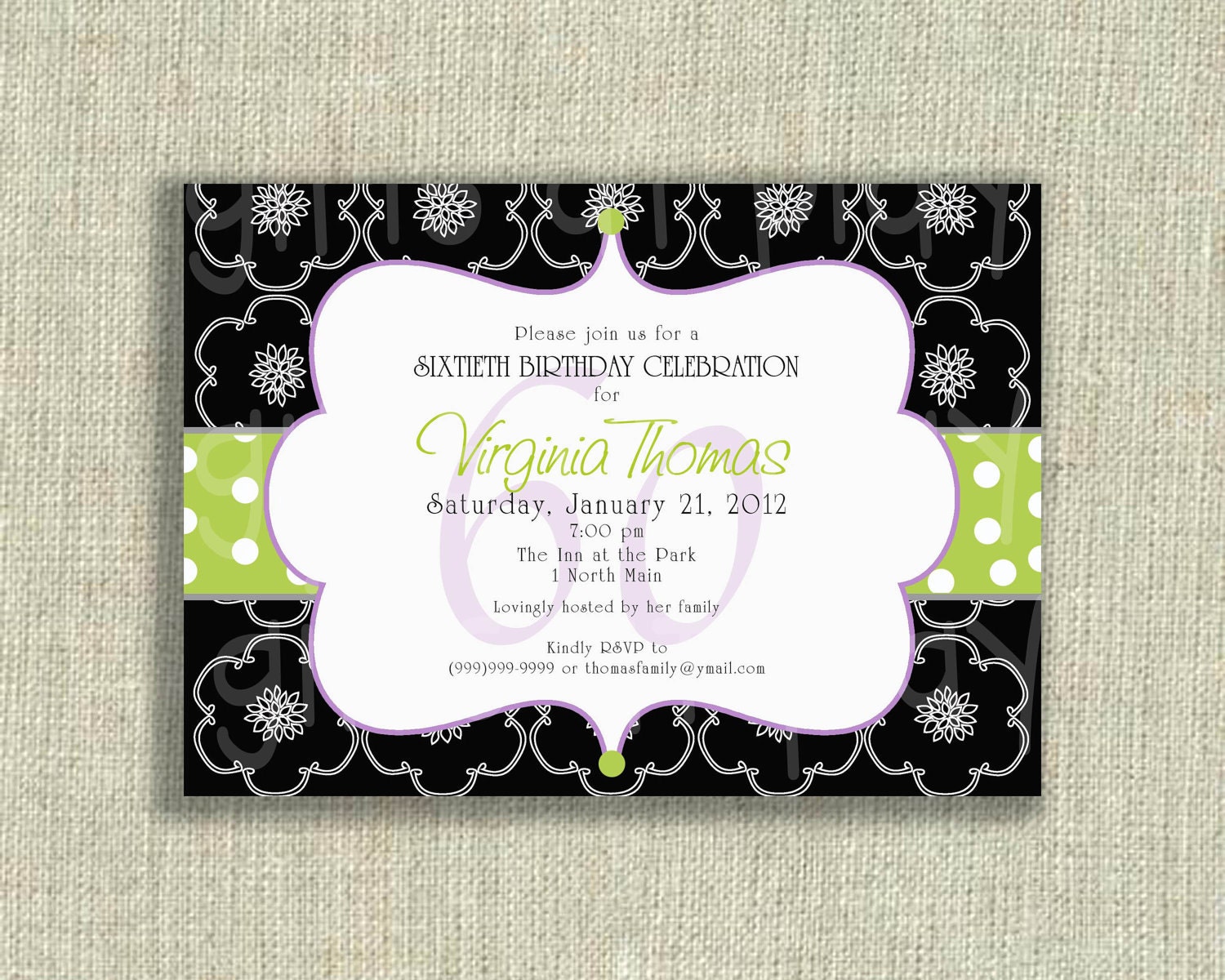 Surprise Birthday 50th 60th 70th Invitation Whimsical Modern Floral Damask Black Apple Green - Printable by girlsatplay girls at play Il_570xn