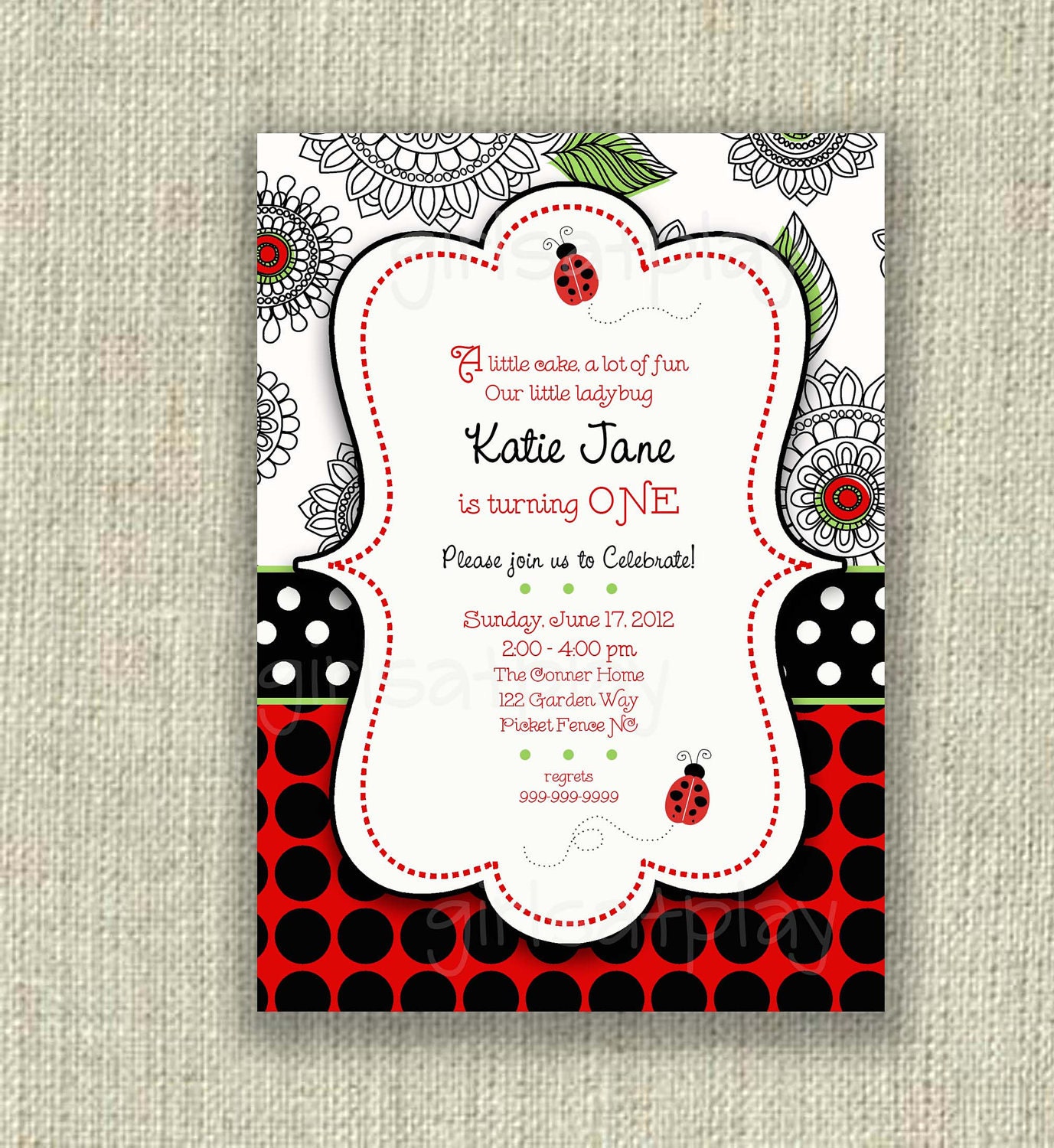1st First Birthday Girl Invitation Lady Bug Polka Dot Black White Red DIGITAL by girlsatplay girls at play Il_570xn
